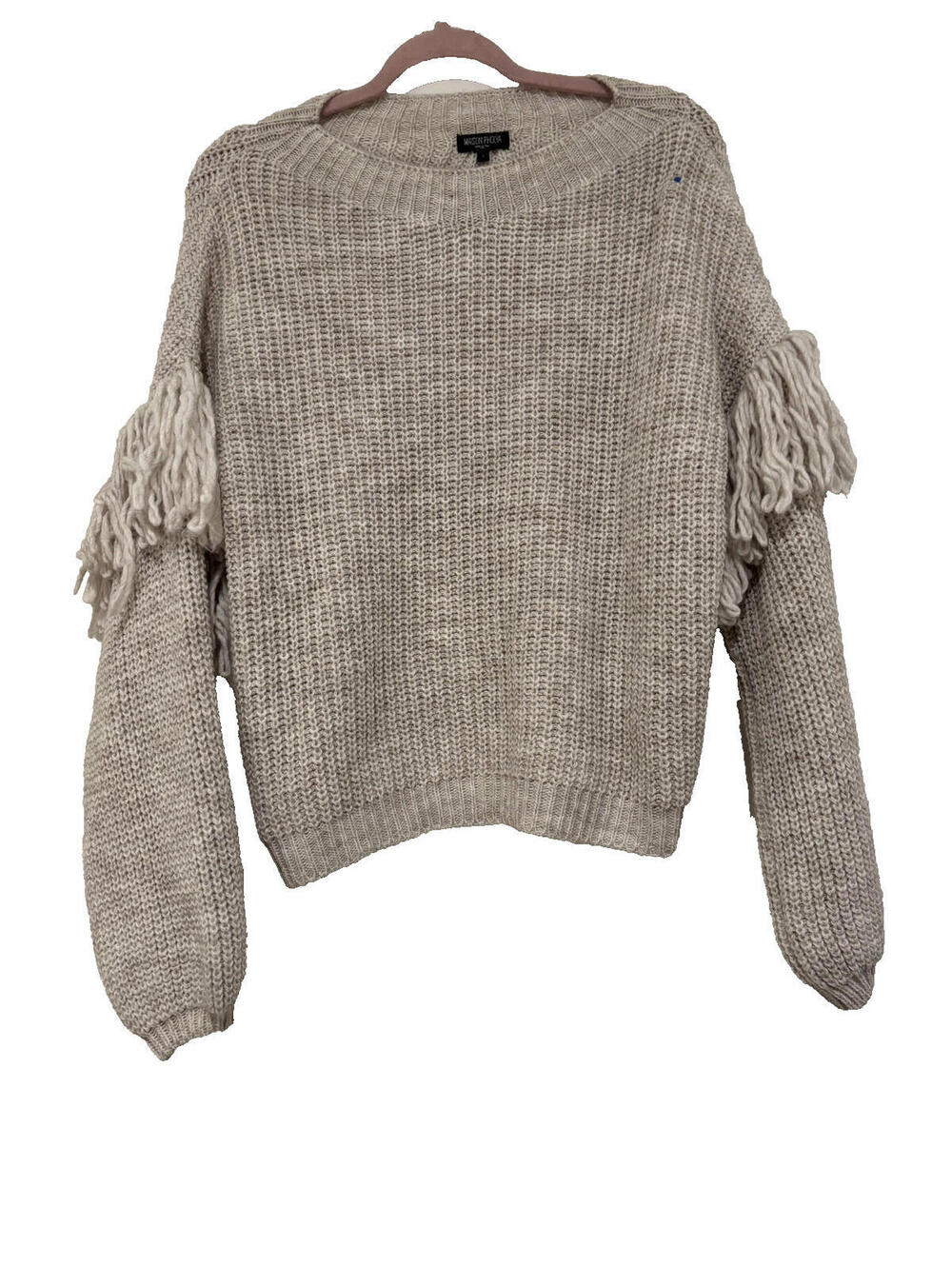 Maison Pholya sz L wool/alpaca beige chunky knit sweater fringe‎ #3369